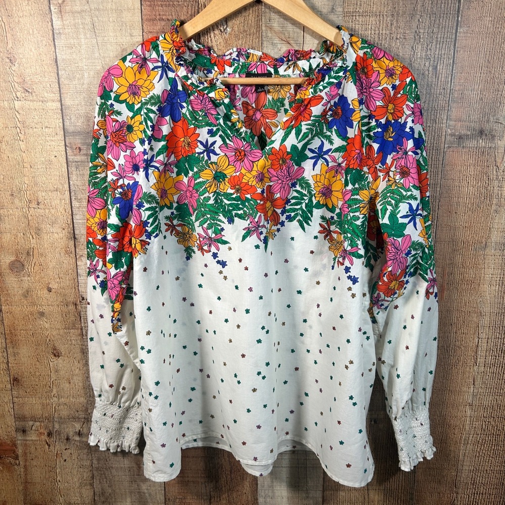 Talbots White Floral 100% Cotton Long Sleeve Blouse Ruffle Neck Smocked Cuffs L